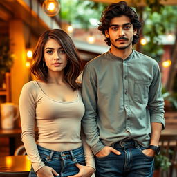 A 21-year-old tall white female with a stylish Velma haircut in rich brown, standing confidently next to a young Iranian man with wavy hair and a well-groomed mustache