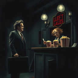 A man dressed in a sharp suit holding a briefcase stands at a dark, creepy theater box office, where an unsettling lady with an eerie smile serves him
