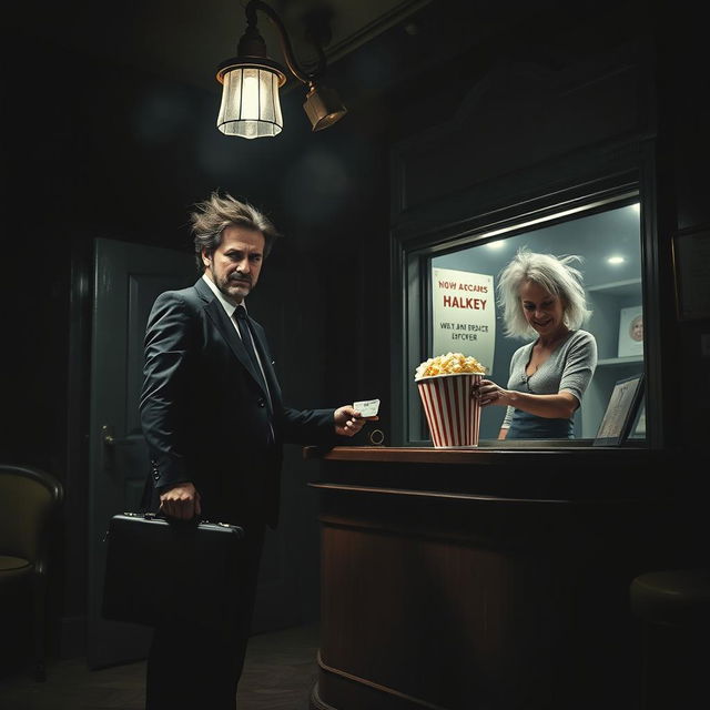 A man dressed in a sharp suit holding a briefcase stands at a dark, creepy theater box office, where an unsettling lady with an eerie smile serves him