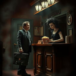 A man dressed in a sharp suit holding a briefcase stands at a dark, creepy theater box office, where an unsettling lady with an eerie smile serves him