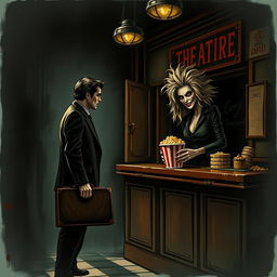 A man dressed in a sharp suit holding a briefcase stands at a dark, creepy theater box office, where an unsettling lady with an eerie smile serves him