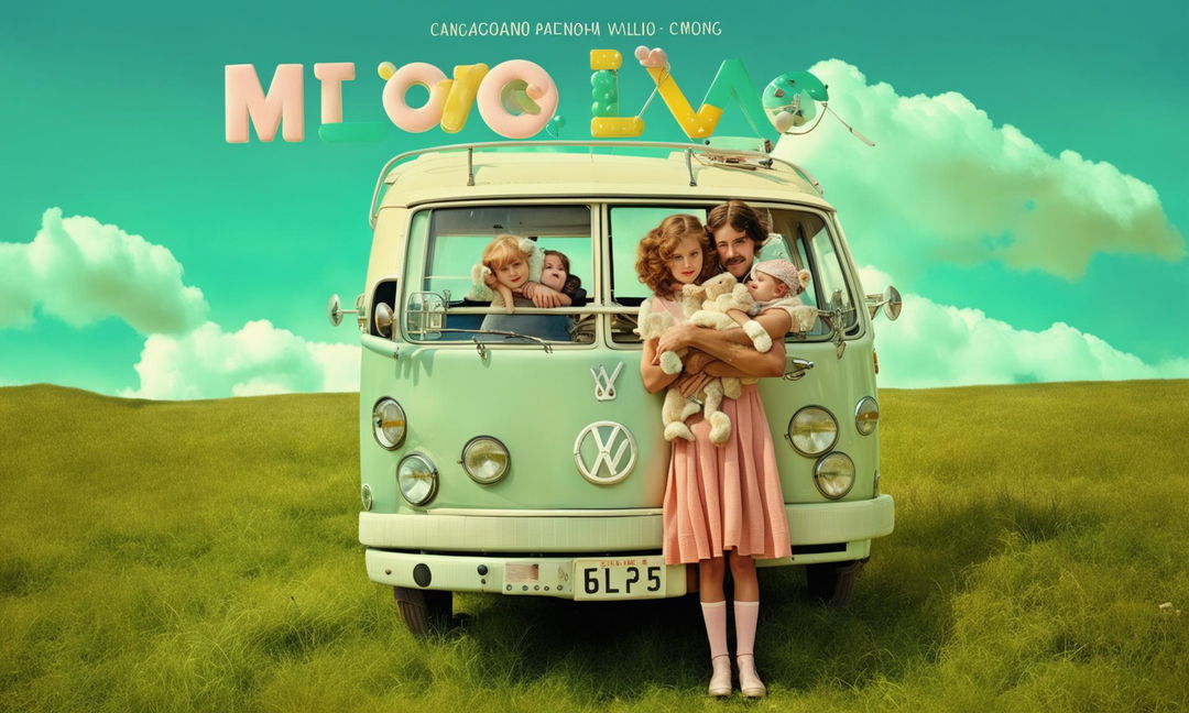 Wes Anderson-style poster featuring a girl with her family and van under sunshine, dressed in vintage attire with mixed emotions, set against a backdrop of yellow and pastel hues.