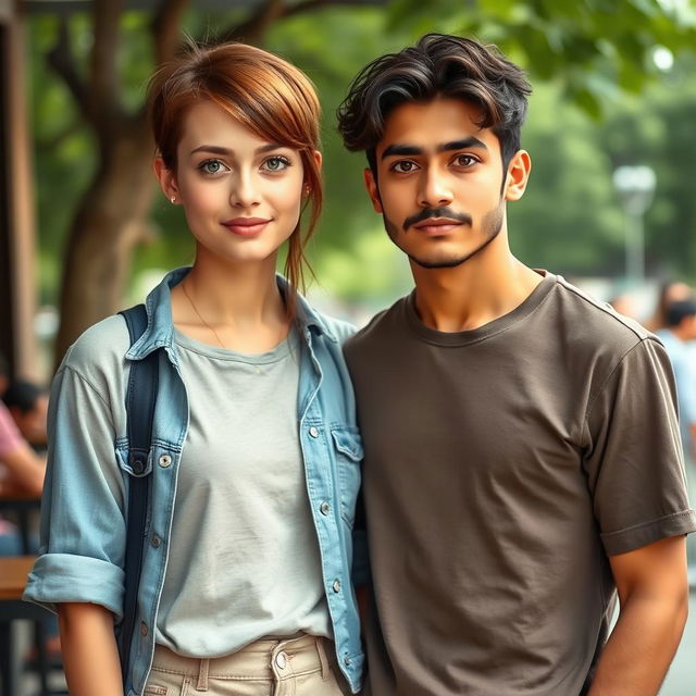 A 21-year-old tall white female with a Velma-style brown haircut, wearing a casual outfit that reflects a laid-back style, standing next to an Iranian young man with wavy hair and a mustache