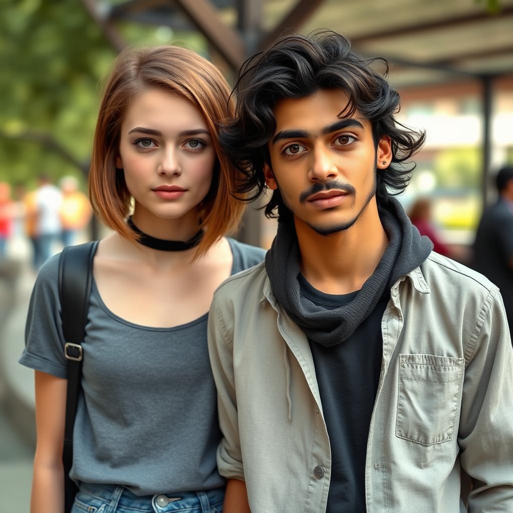 A 21-year-old tall white female with a Velma-style brown haircut, wearing a casual outfit that reflects a laid-back style, standing next to an Iranian young man with wavy hair and a mustache