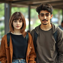 A 21-year-old tall white female with a Velma-style brown haircut, wearing a casual outfit that reflects a laid-back style, standing next to an Iranian young man with wavy hair and a mustache