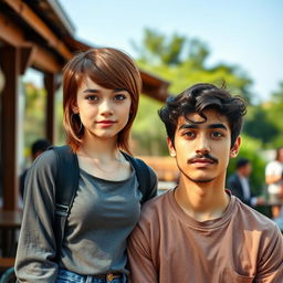 A 21-year-old tall white female with a Velma-style brown haircut, wearing a casual outfit that reflects a laid-back style, standing next to an Iranian young man with wavy hair and a mustache