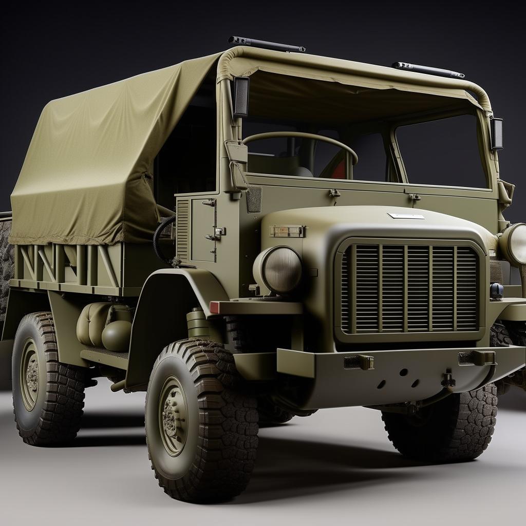 A military truck with an open back, focusing on its robust design, distinct features, and sturdy construction.