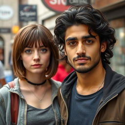 An average-looking 19-year-old tall white female with a Velma-style brown haircut, standing next to an Iranian young man with wavy hair and a mustache