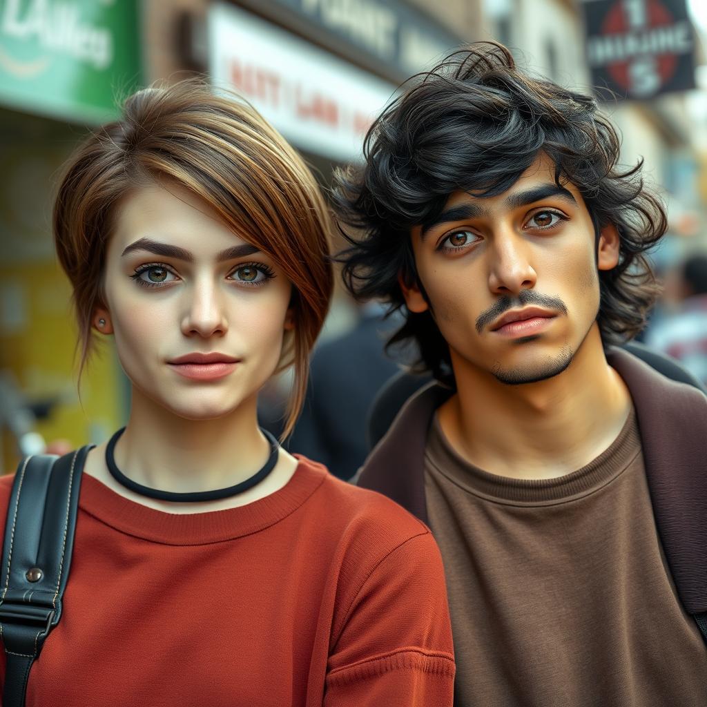 An average-looking 19-year-old tall white female with a Velma-style brown haircut, standing next to an Iranian young man with wavy hair and a mustache