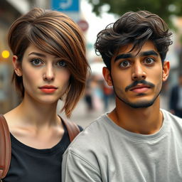 An average-looking 19-year-old tall white female with a Velma-style brown haircut, standing next to an Iranian young man with wavy hair and a mustache
