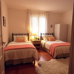 A cozy guest room featuring two neatly made single beds with soft, colorful bedding and fluffy pillows