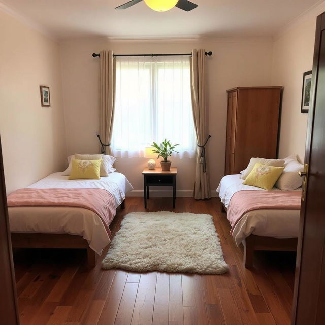 A cozy guest room featuring two neatly made single beds with soft, colorful bedding and fluffy pillows