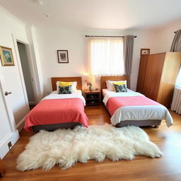 A cozy guest room featuring two neatly made single beds with soft, colorful bedding and fluffy pillows