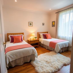 A cozy guest room featuring two neatly made single beds with soft, colorful bedding and fluffy pillows