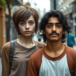 An unattractive-looking 19-year-old tall white female with a Velma-style brown haircut, wearing casual and slightly mismatched clothing, standing next to an Iranian young man with wavy hair and a mustache