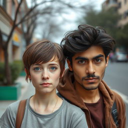 An unattractive-looking 19-year-old tall white female with a Velma-style brown haircut, wearing casual and slightly mismatched clothing, standing next to an Iranian young man with wavy hair and a mustache