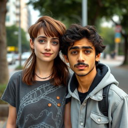 An unattractive-looking 19-year-old tall white female with a Velma-style brown haircut, wearing casual and slightly mismatched clothing, standing next to an Iranian young man with wavy hair and a mustache