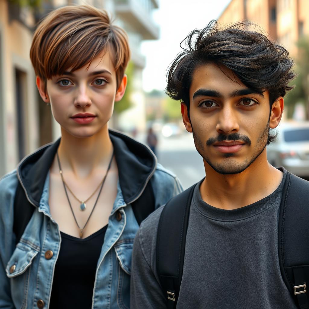 An unattractive-looking 19-year-old tall white female with a Velma-style brown haircut, wearing casual and slightly mismatched clothing, standing next to an Iranian young man with wavy hair and a mustache