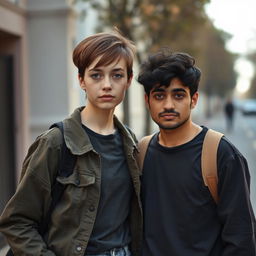 An unattractive-looking 19-year-old tall white female with a Velma-style brown haircut, wearing casual and slightly mismatched clothing, standing next to an unattractive Iranian young man with wavy hair and a mustache