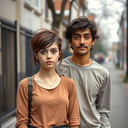 An unattractive-looking 19-year-old tall white female with a Velma-style brown haircut, wearing casual and slightly mismatched clothing, standing next to an unattractive Iranian young man with wavy hair and a mustache