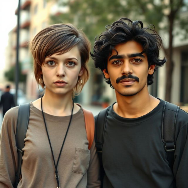 An unattractive-looking 19-year-old tall white female with a Velma-style brown haircut, wearing casual and slightly mismatched clothing, standing next to an unattractive Iranian young man with wavy hair and a mustache