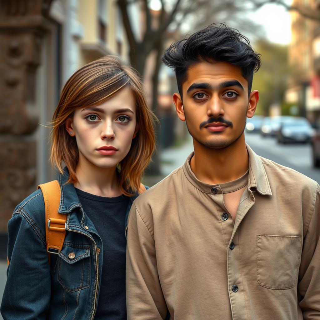 An unattractive-looking 19-year-old tall white female with a Velma-style brown haircut, wearing casual and slightly mismatched clothing, standing next to an unattractive Iranian young man with wavy hair and a mustache