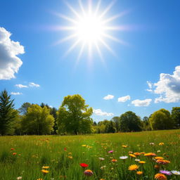 A radiant sun shining brightly in a clear blue sky, casting warm golden rays of light over a serene landscape