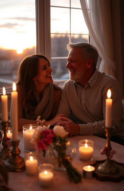 A beautifully arranged scene of a couple sitting at a cozy table in a romantic setting, surrounded by soft candlelight, flowers, and personal keepsakes that symbolize their journey together