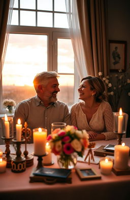 A beautifully arranged scene of a couple sitting at a cozy table in a romantic setting, surrounded by soft candlelight, flowers, and personal keepsakes that symbolize their journey together
