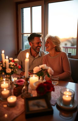 A beautifully arranged scene of a couple sitting at a cozy table in a romantic setting, surrounded by soft candlelight, flowers, and personal keepsakes that symbolize their journey together