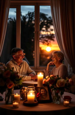 A beautifully arranged scene of a couple sitting at a cozy table in a romantic setting, surrounded by soft candlelight, flowers, and personal keepsakes that symbolize their journey together