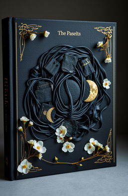 A stunning book cover featuring black pasta artfully arranged, adorned with golden plant details