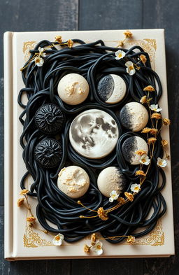 A stunning book cover featuring black pasta artfully arranged, adorned with golden plant details