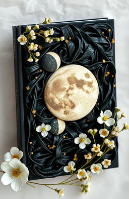 A stunning book cover featuring black pasta artfully arranged, adorned with golden plant details