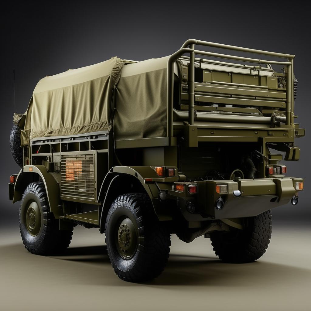 A military truck with an open back, focusing on its robust design, distinct features, and sturdy construction.