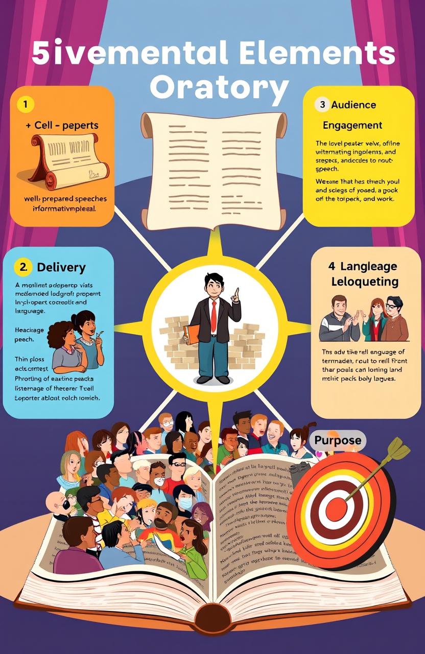 Five fundamental elements of oratory, depicted in an illustrated format