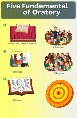 Five fundamental elements of oratory, depicted in an illustrated format