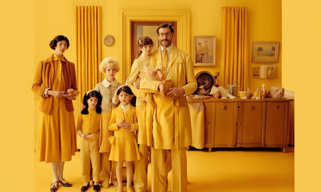 Wes Anderson style poster featuring a young girl and her family in pastel yellow setting.