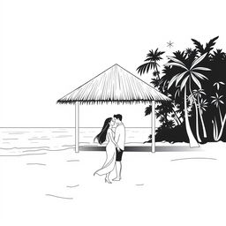 A minimalistic black and white illustration of an empty beach scene featuring a large beach hut in the foreground
