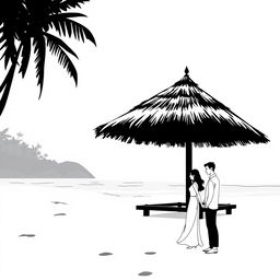 A minimalistic black and white illustration of an empty beach scene featuring a large beach hut in the foreground