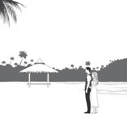 A minimalistic black and white illustration of an empty beach scene featuring a large beach hut in the foreground