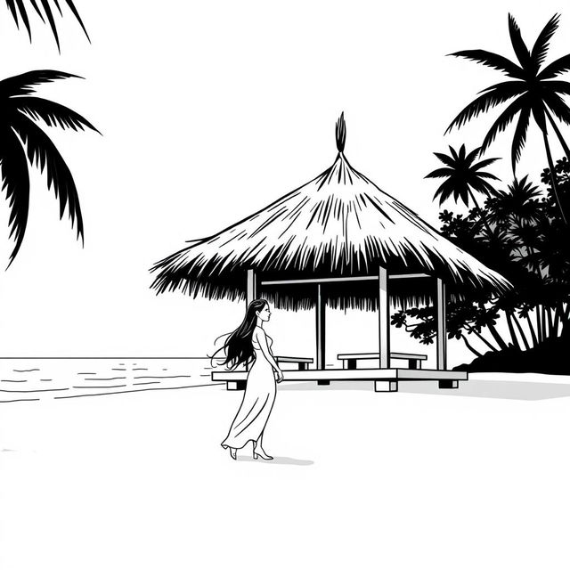 A minimalistic black and white illustration of an empty beach scene featuring a large beach hut in the foreground