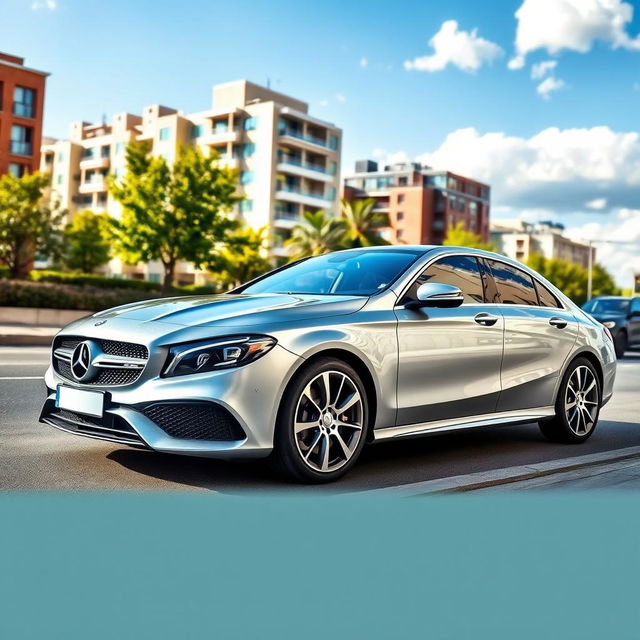 A sleek, modern Mercedes-Benz parked on a sunlit city street, showcasing its shiny silver exterior with elegant lines and a powerful stance