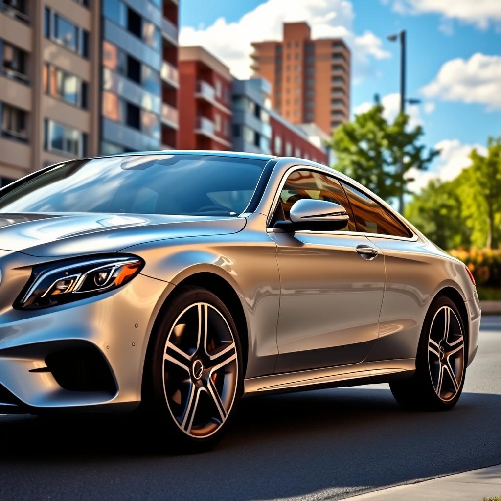 A sleek, modern Mercedes-Benz parked on a sunlit city street, showcasing its shiny silver exterior with elegant lines and a powerful stance