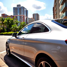 A sleek, modern Mercedes-Benz parked on a sunlit city street, showcasing its shiny silver exterior with elegant lines and a powerful stance