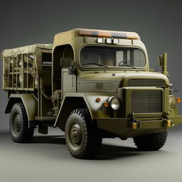 A military truck with an open back, focusing on its robust design, distinct features, and sturdy construction.