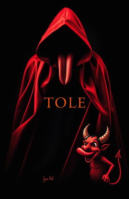A striking book cover featuring a red cloak with a devil character at the bottom right, playfully sticking out its tongue