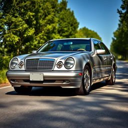 A sleek and stylish 1998 Mercedes E430 parked on a scenic road, showcasing its classic lines and elegant design