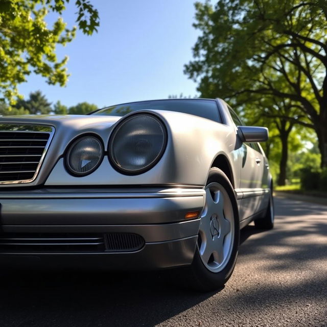 A sleek and stylish 1998 Mercedes E430 parked on a scenic road, showcasing its classic lines and elegant design