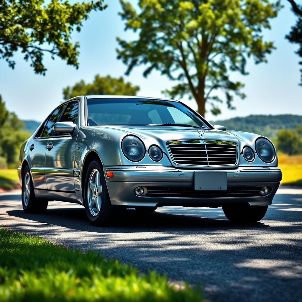 A sleek and stylish 1998 Mercedes E430 parked on a scenic road, showcasing its classic lines and elegant design